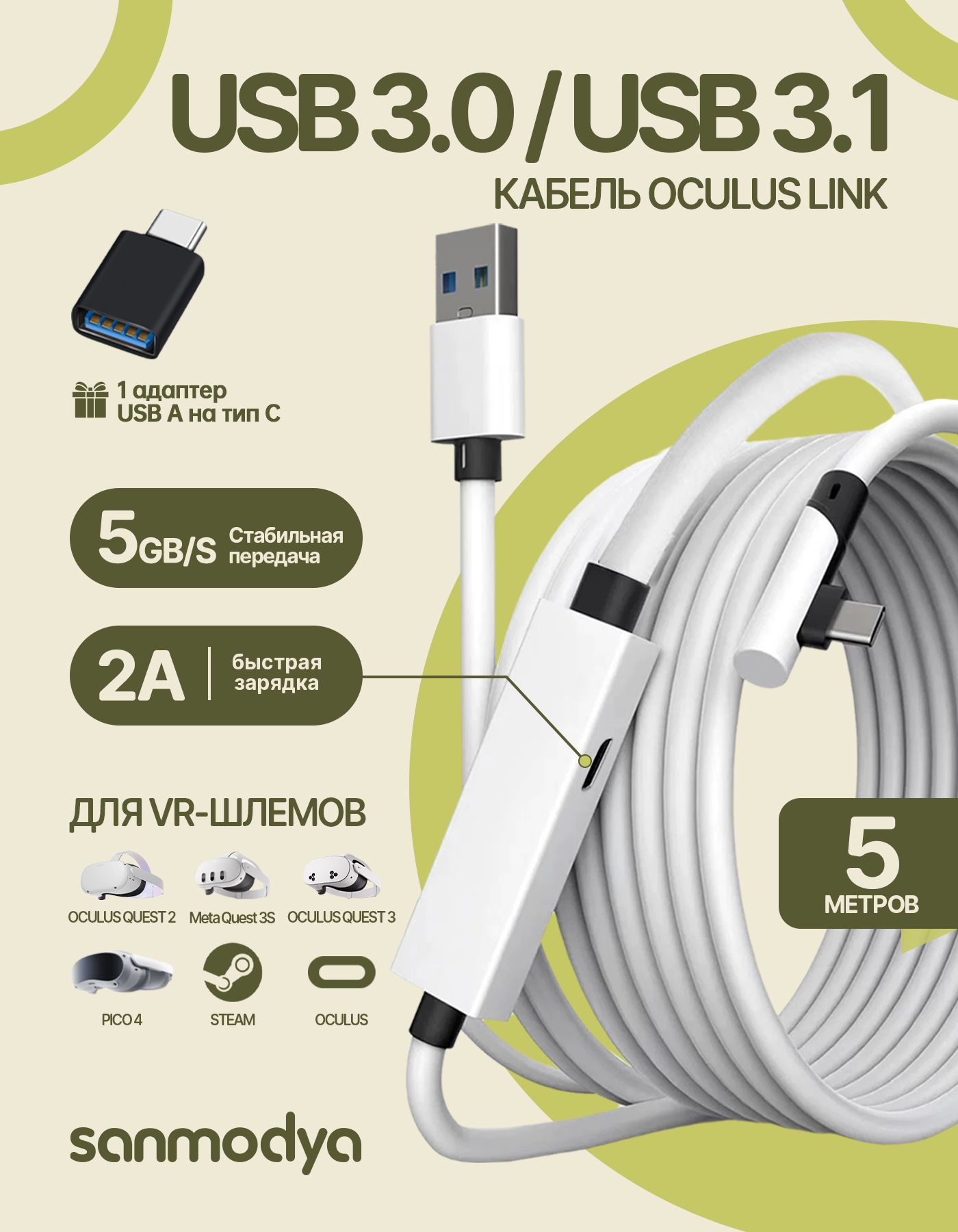 КабельVRаксессуардляOculusQuest3/3S/2/Pico4/Ultra/Pro,SanmodyaFastChargingLink,сзаряднымпортом